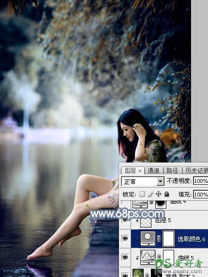 Photoshop给外景自拍的长腿美足少女生活照调出柔和的古典青蓝色