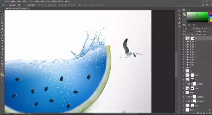 PS合成教程：创意打造蓝色海洋场景西瓜图片，西瓜与海洋场景合成