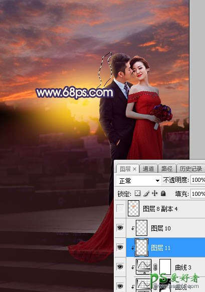 Photoshop给外景拍摄的红色长裙美女婚纱艺术照调出大气的红色霞