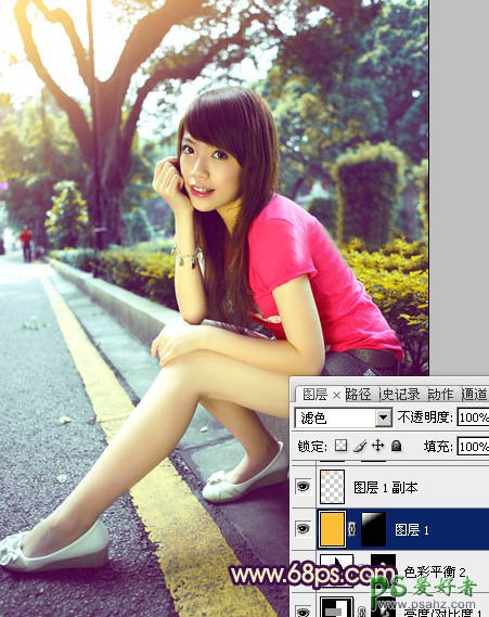 PS调色教程：给公路边坐着的红衣美腿少女图片调出灿烂的暖色