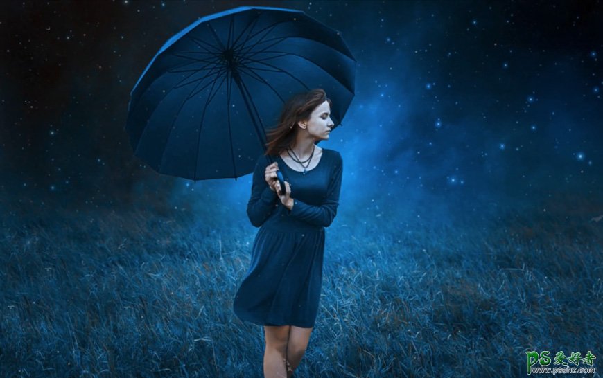 PS人像合成实例：创意打造暗夜星空下打着伞游走的欧美少女场景。
