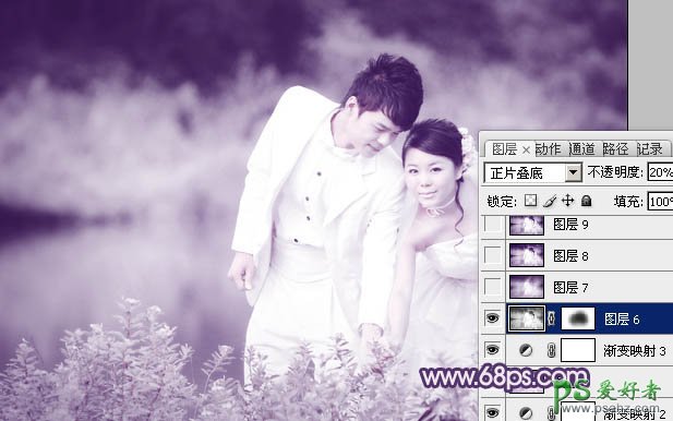 photoshop给情侣婚片快速调出梦幻的淡紫色效果