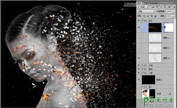 ps美女头像合成教程：创意合成碎裂打散效果的火焰美女头像