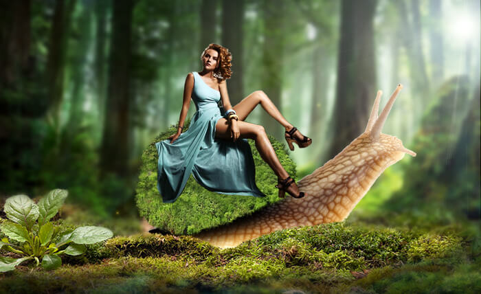 PS美女人像合成实例：打造森林中蜗牛背上坐着的欧美美女景深图片