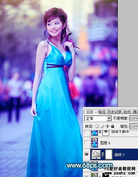 PS美女照片调色教程：给可爱的街景美女照调出时尚的青蓝色