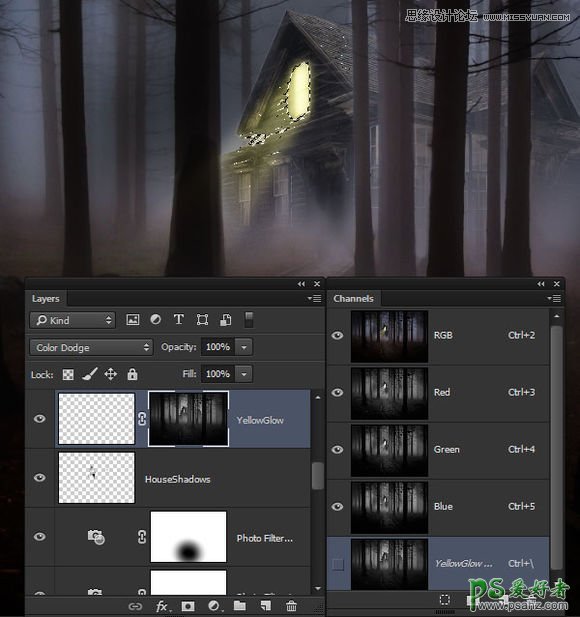 PS图像合成实例教程：创意打造一幅黑暗森林里恐怖的鬼屋效果图