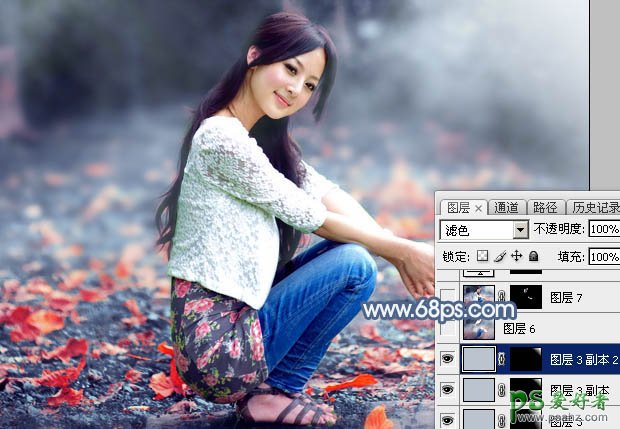 Photoshop给外景自拍的高清美女写真图片调出古典暗紫色效果