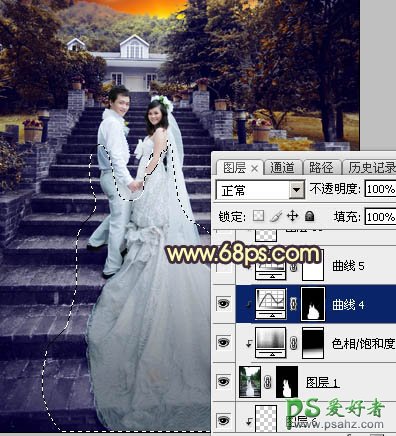 PS调色教程:给古建筑风景图片中拍摄的情侣婚纱照调出唯美的黄色