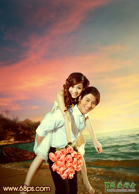 photoshop给一对浪漫的爱侣婚片调出漂亮的霞光色