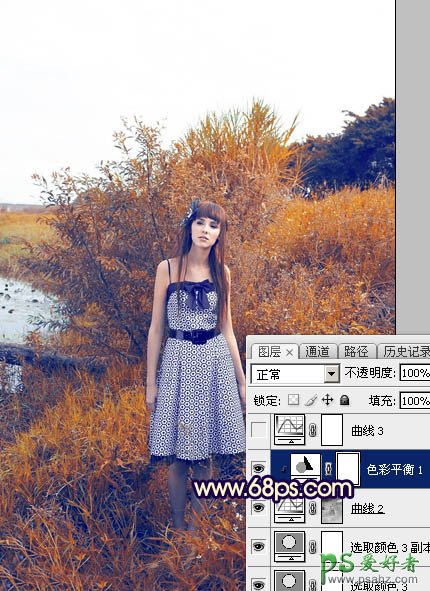 Photoshop给荒野中自拍的性感欧美美女唯美照片调出温暖的霞光色