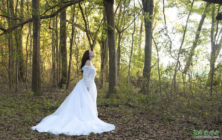 利用PS后期美化及溶图技术打造唯美森林中的婚片少女写真。