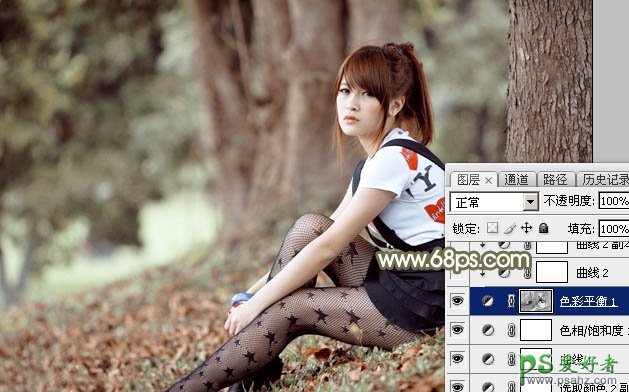 Photoshop调色实例教程学习：给黑丝袜树林风景中的MM调出淡暖色