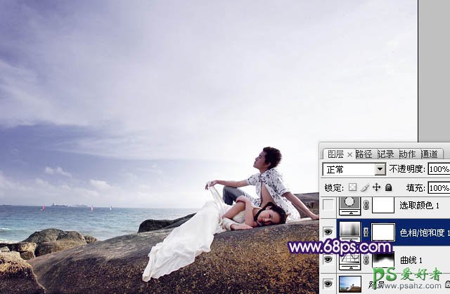 photoshop调制出经典蓝紫色海景情侣婚片教程