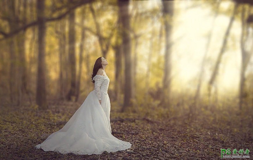 利用PS后期美化及溶图技术打造唯美森林中的婚片少女写真。