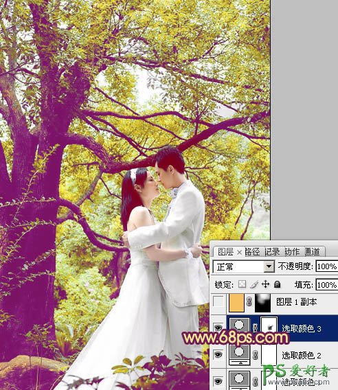 PS调色教程：给树林中的情侣婚片增加柔美的黄紫色