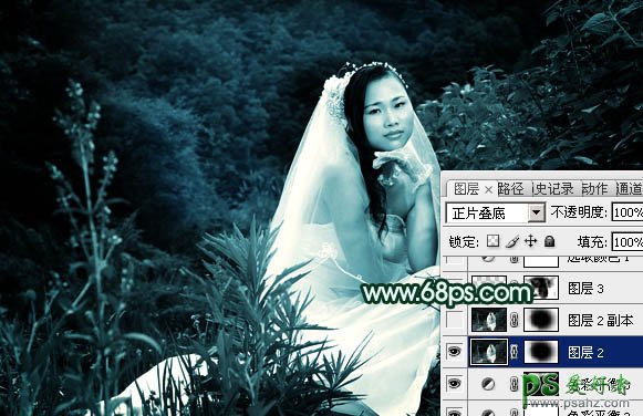 photoshop快速调出古典暗绿色美女婚片写真照