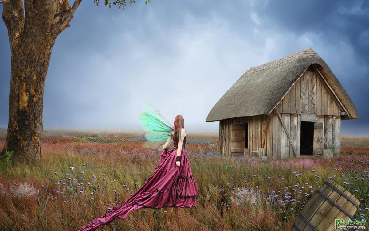 Photoshop把田野中的小木屋与梦幻天使少女合成出唯美仙境般场景