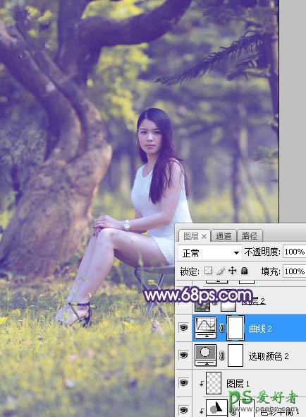 Photoshop给外景长腿美女个人艺术照摄影图片调出小清新蓝黄色