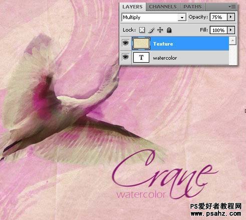 利用素材photoshop设计漂亮的仙鹤水彩画效果图教程