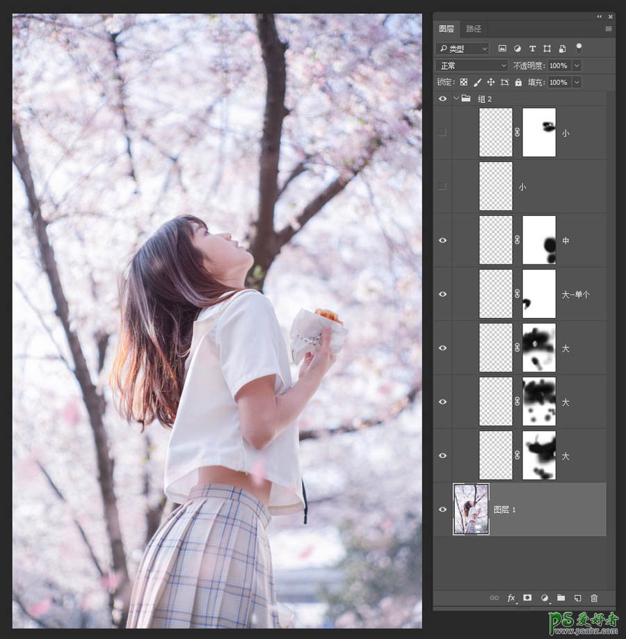 PS女生照片调色教程：学习给樱花树下的清纯女生调出清新甜美的色