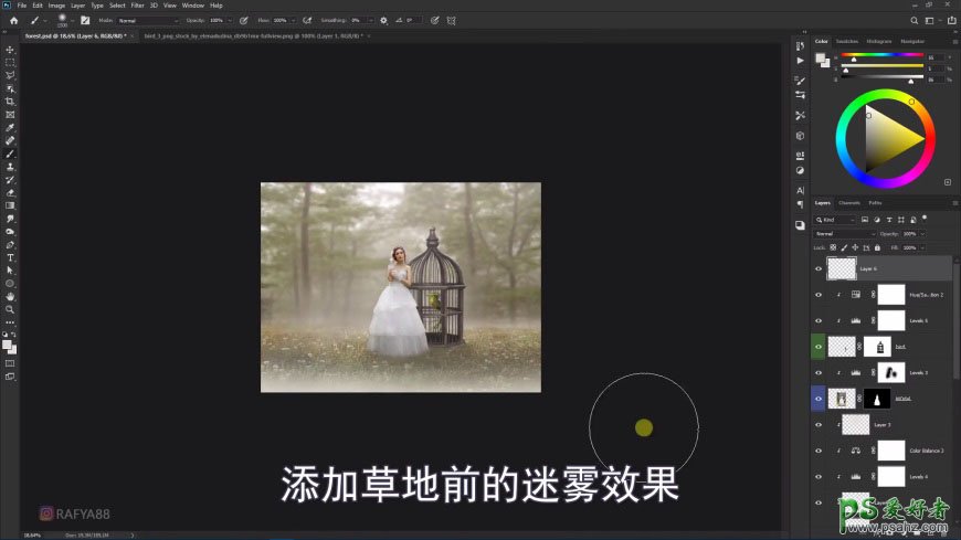 Photoshop创意合成森系婚纱照美女与巨型鸟笼在森林中的秘境场景