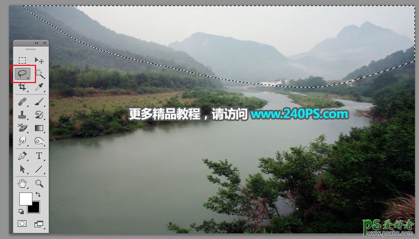 PS风景照调色教程：给偏灰发暗的河湾风景照片调出唯美的日出效果