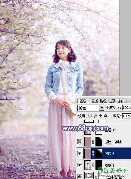 photoshop给春日花景中的青春少女艺术照调出梦幻的粉紫色