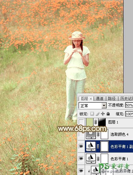 Photoshop给花草甸中的未成年少女写真照调出甜美的韩系粉红色