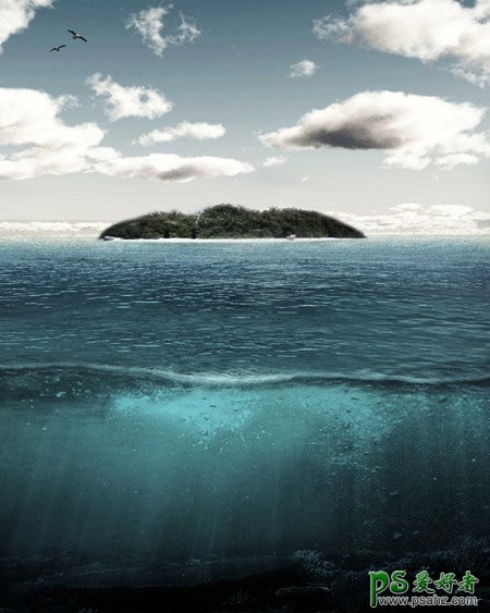 Photoshop合成漂浮在海面上空的岛屿，大树及一些鸟类装饰场景