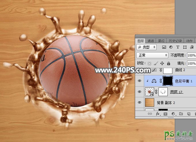 Photoshop创意合成篮球砸在木板上，木板溅起的水花效果。