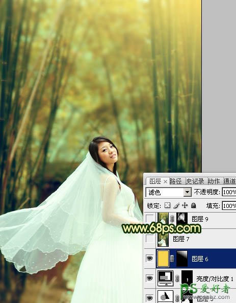PS调色教程：给漂亮的竹林婚片少女写真照调出古典黄绿色
