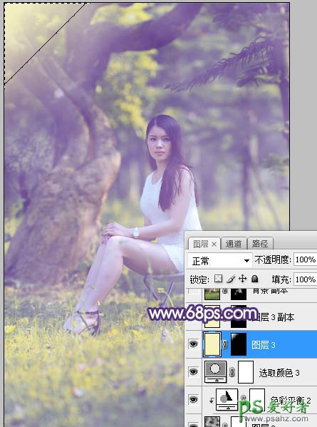 Photoshop给外景长腿美女个人艺术照摄影图片调出小清新蓝黄色