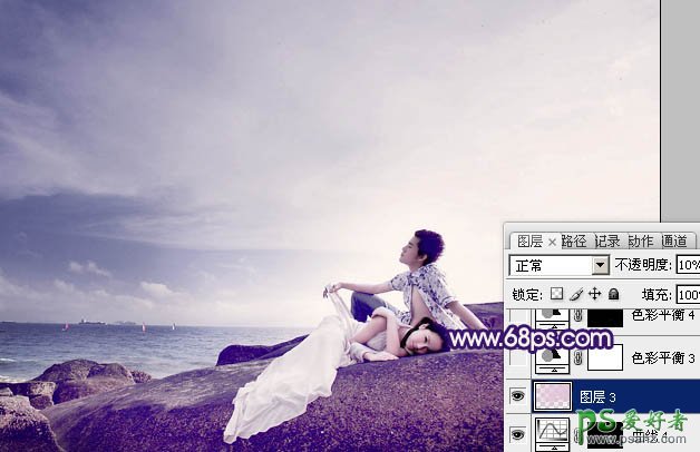 photoshop调制出经典蓝紫色海景情侣婚片教程