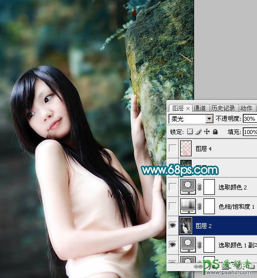 photoshop调出暗灰青色调美体少女写真照