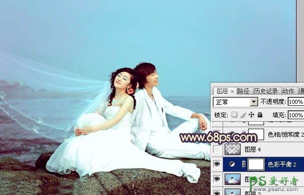 photoshop给浪漫情侣海景婚纱照调出淡雅的艺术风格