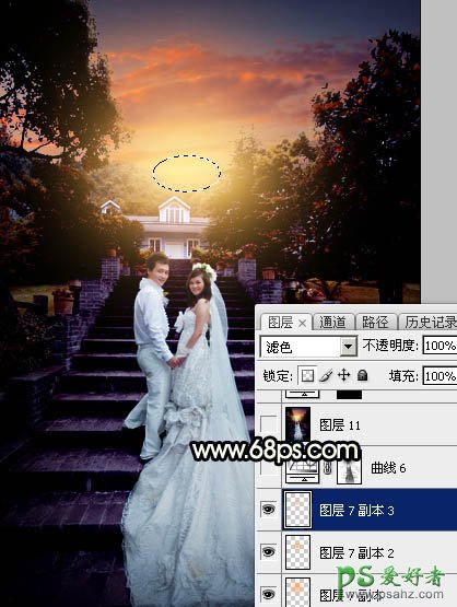 Photoshop给园林中拍摄的情侣婚纱照调出唯美梦幻温馨的霞光色彩