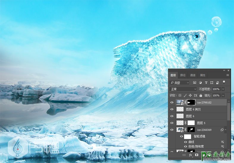 PS合成教程：创意打造从冰层中跃出的大鲫鱼特效图片，跳出冷冻鱼