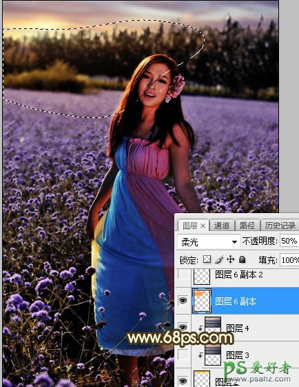 Photoshop给粉色长裙性感嫂子花圃中的写真照调出唯美意境霞光色