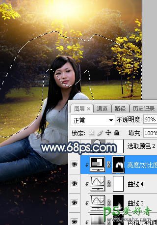 Photoshop给公园树林中等着约会的女生写真照调出温暖的霞光色