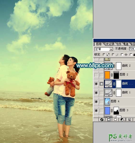 photoshop给海边情侣照调出柔美的淡红色