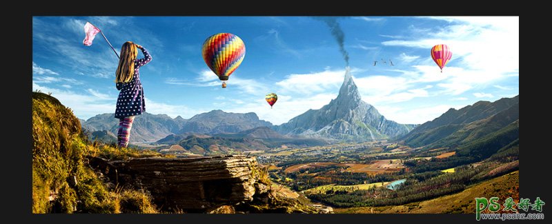 PS合成实例：创意打造站在悬崖边眺望热气球美景的小女孩儿。