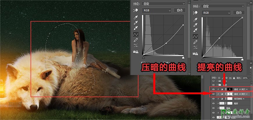 Photoshop创意合成草原上美女与狼和平共处的场景，美女和白狼