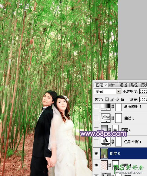 photoshop调出蓝紫色竹林里的情侣婚片