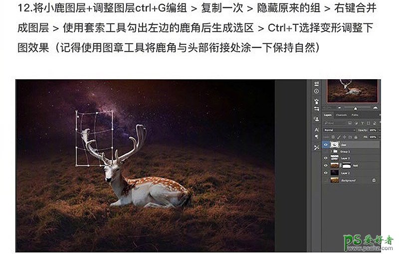 Photoshop合成发光星球下正在休息的小鹿场景。