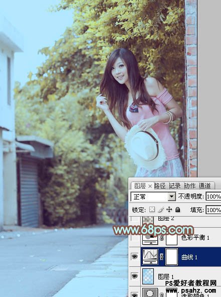 photoshop给路边清纯的少女调出冷冷的青色调