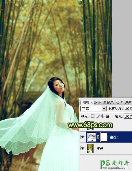 PS调色教程：给漂亮的竹林婚片少女写真照调出古典黄绿色