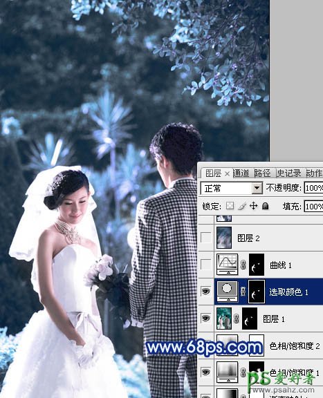 PS调色教程：给树林中的情侣婚片写真调出纯蓝艺术效果