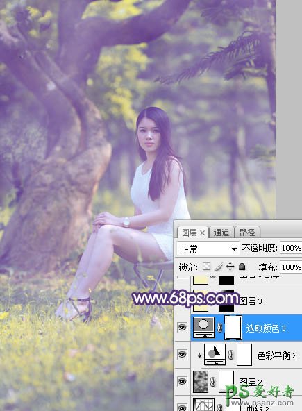 Photoshop给外景长腿美女个人艺术照摄影图片调出小清新蓝黄色