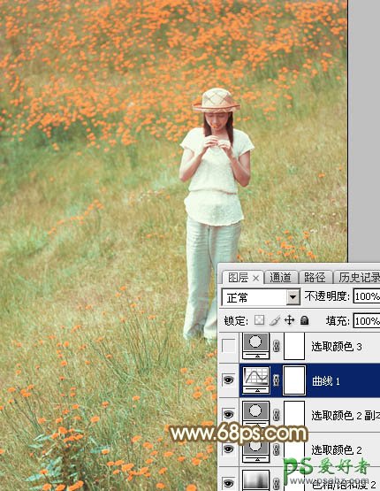 Photoshop给花草甸中的未成年少女写真照调出甜美的韩系粉红色