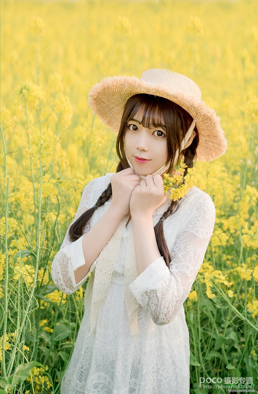 Photoshop给油菜花田里拍摄的可爱女生照片调出唯美的小清新效果